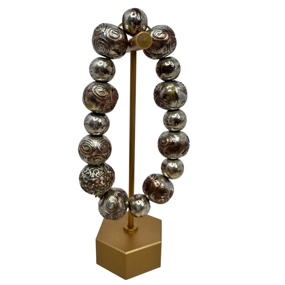 Chunky Beaded Stretch Bracelet‎ Silver Tone Rustic Boho Statement Retro Y2K